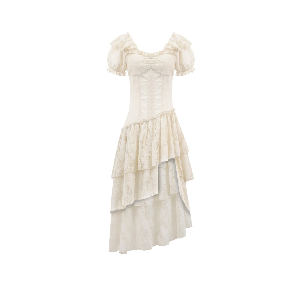 Dark in Love - Steampunk Layered Ruffle asymmetrical High low jurk - Creme